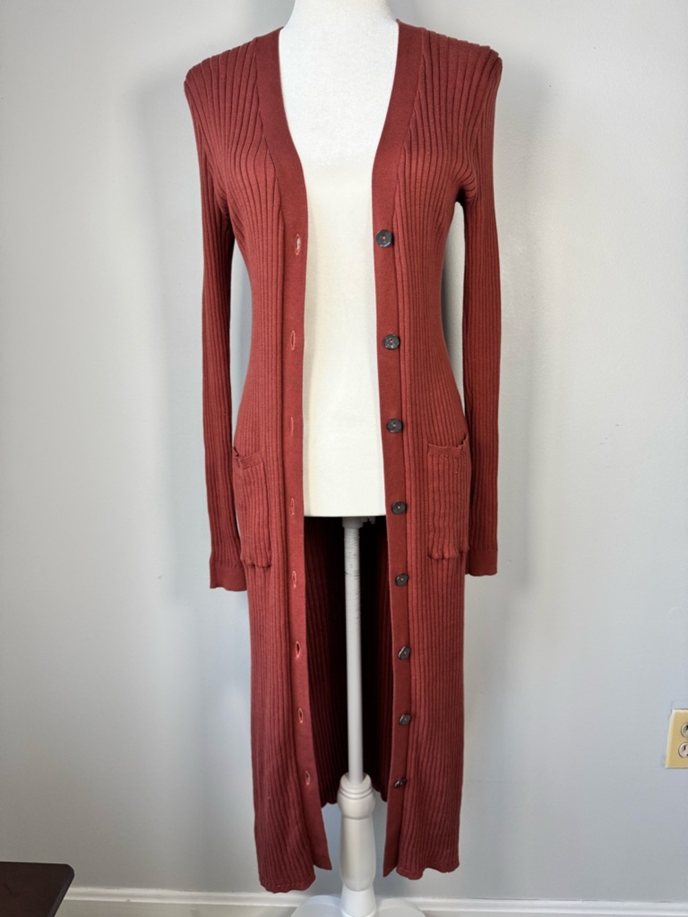 Autumn Cashmere Ribbed Knit Duster Cardigan Long Button Front Rust Size S